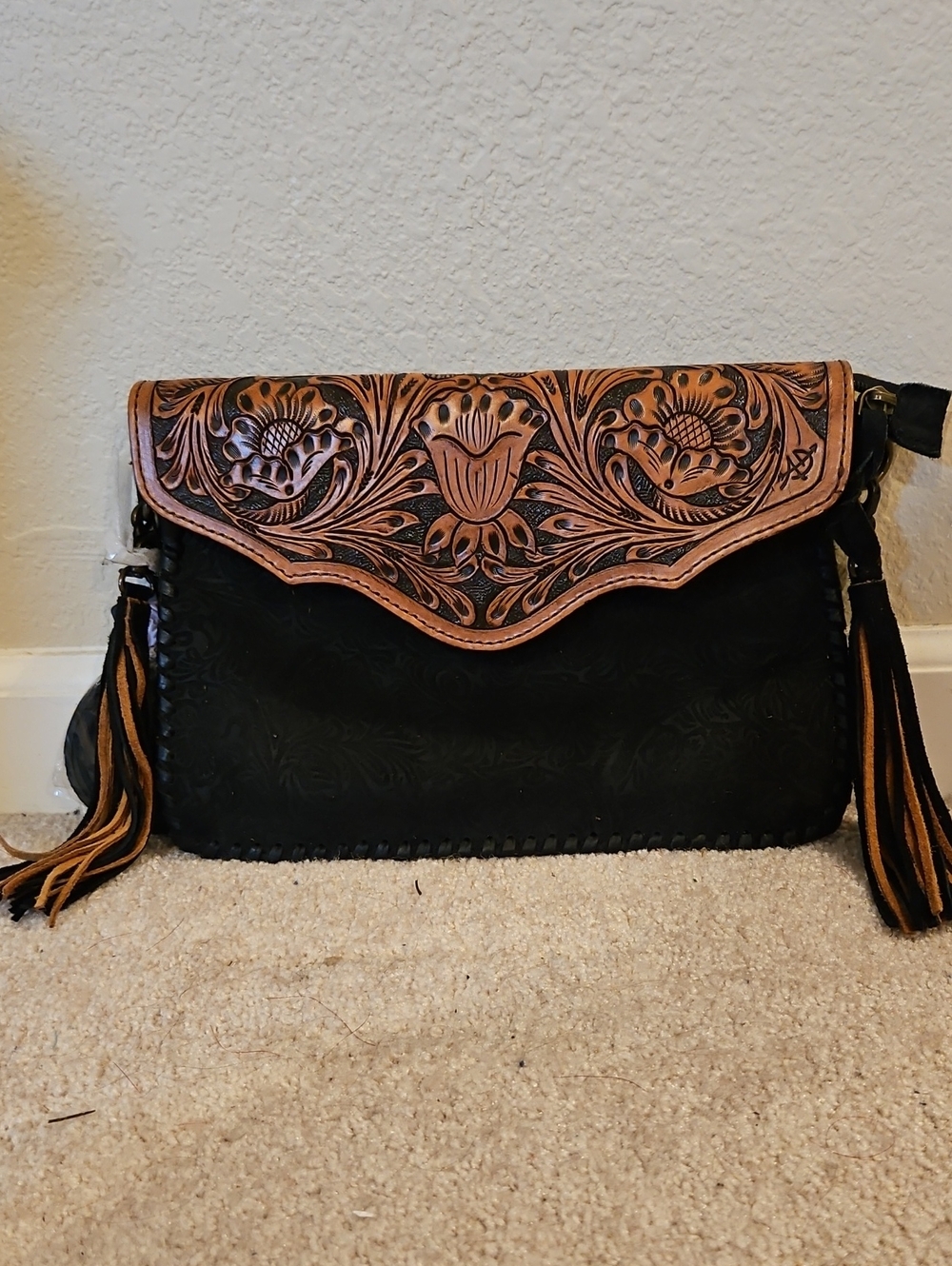 Hand-Tooled Black and Tan Leather Crossbody Bag By American Darling